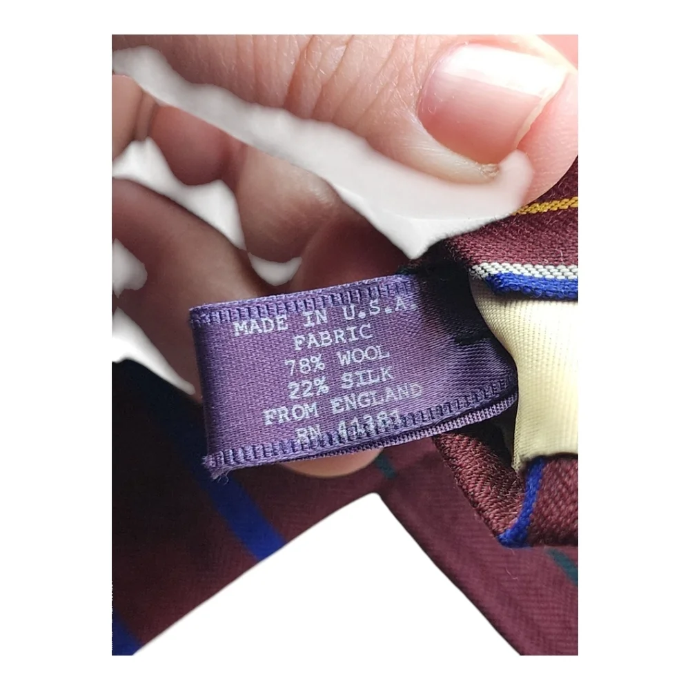 Polo Ralph Lauren Wool Silk Tie Burgundy Stripe Made USA Handcrafted Purple Tag